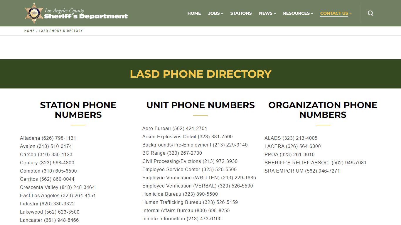 LASD Phone Directory | Los Angeles County Sheriff's Department